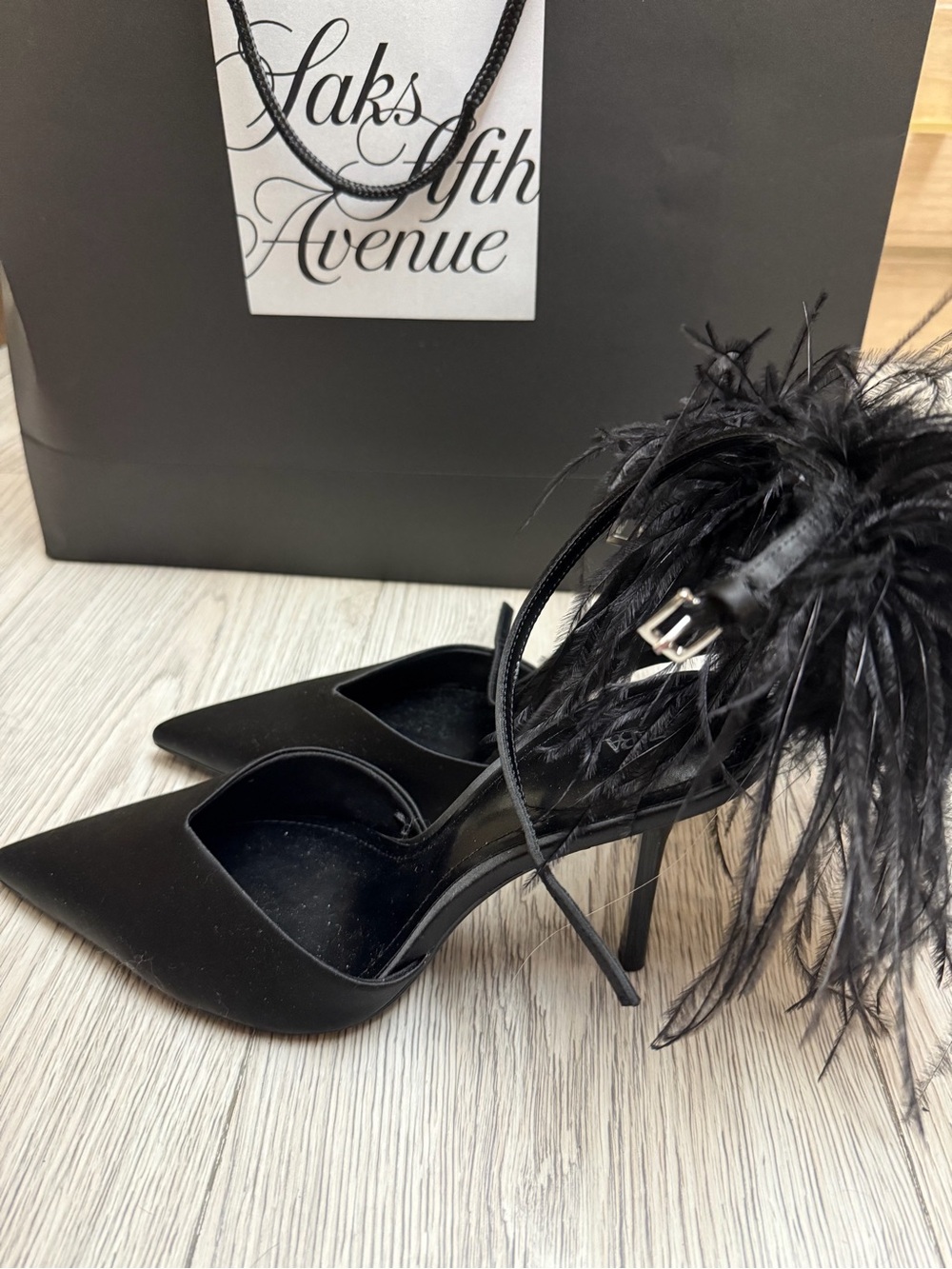 Zara Black Pointed Feather Ankle-Tie Stilettos
